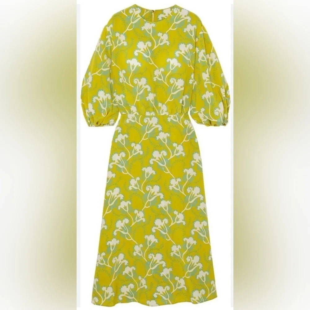 Valentino Floral-print Silk-crepe Midi Dress In Chartreuse - Picture 2 of 6